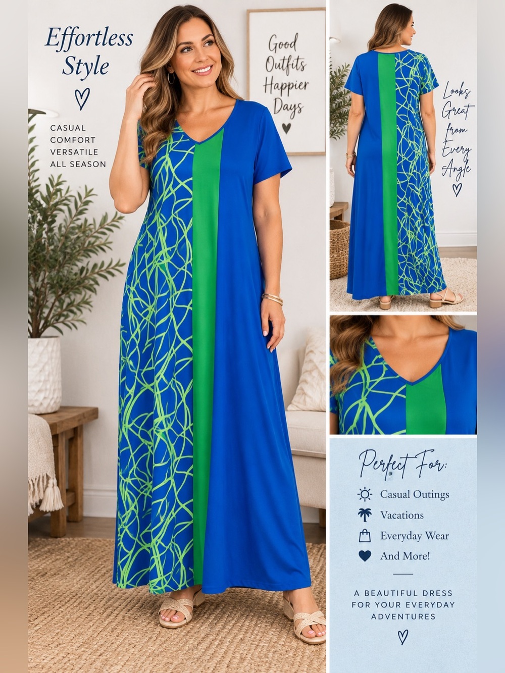 Blue Green Color Block Maxi Dress Short Sleeve V Neck Abstract Pattern